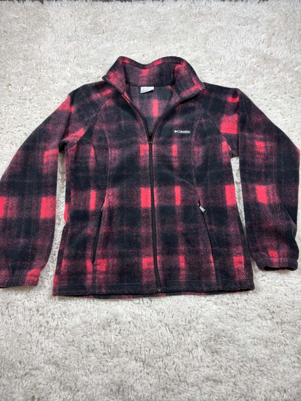 Columbia Women’s Medium Pink Black Plaid Full Zip Fleece Jacket